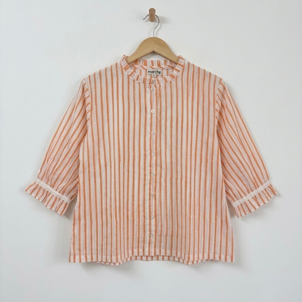 Marche Womens XL Orange White Striped Ruffle Neck 1/2 Sleeve Button Front Blouse